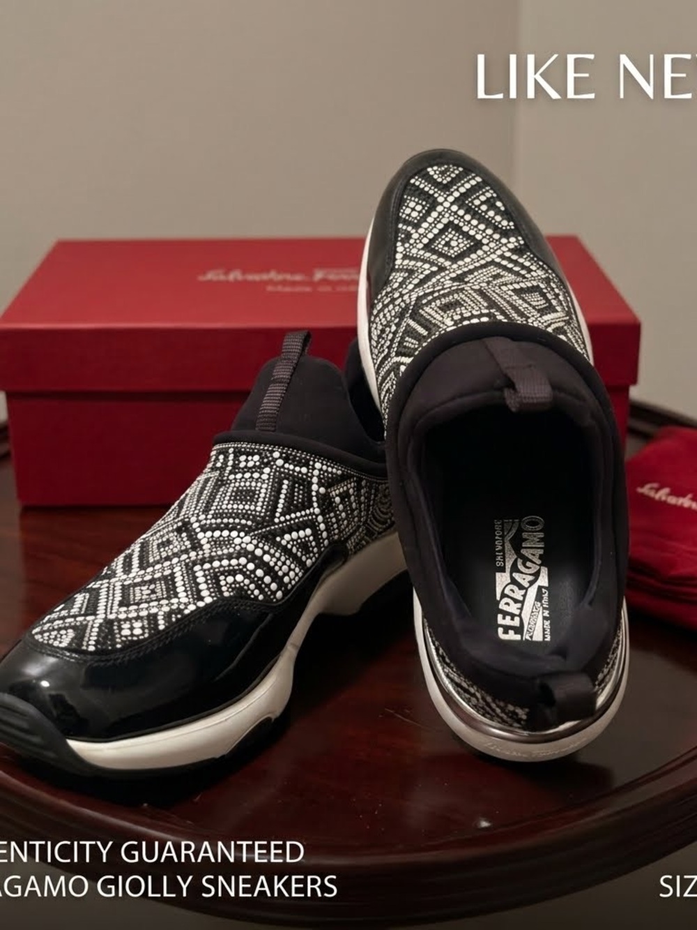 Salvatore Ferragamo Giolly Crystal Embellished Slip On Sneakers Black Patent Lea